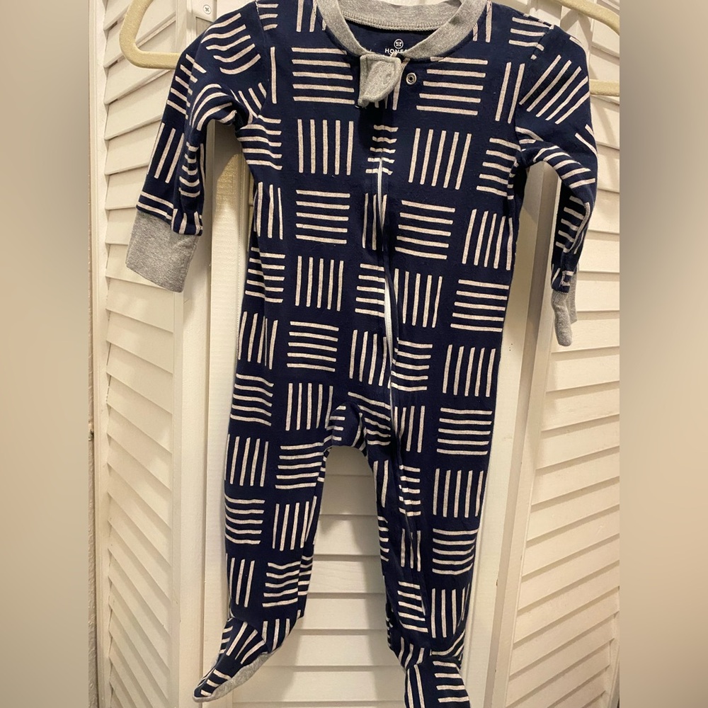 HONEST 100% Organic Cotton Baby Boy “1pc Footie ZipUp” Size 6-9mo Navy/Gray EUC